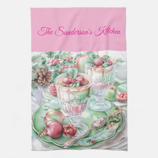 Personalised Pastel Pink & Green Christmas Kitchen Kitchen Towel (Vertical)