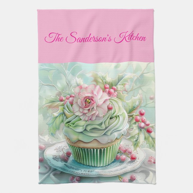 Personalised Pastel Pink & Green Christmas Kitchen Towel (Vertical)