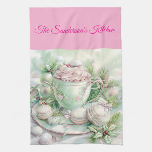 Personalised Pastel Pink & Green Christmas Kitchen Towel