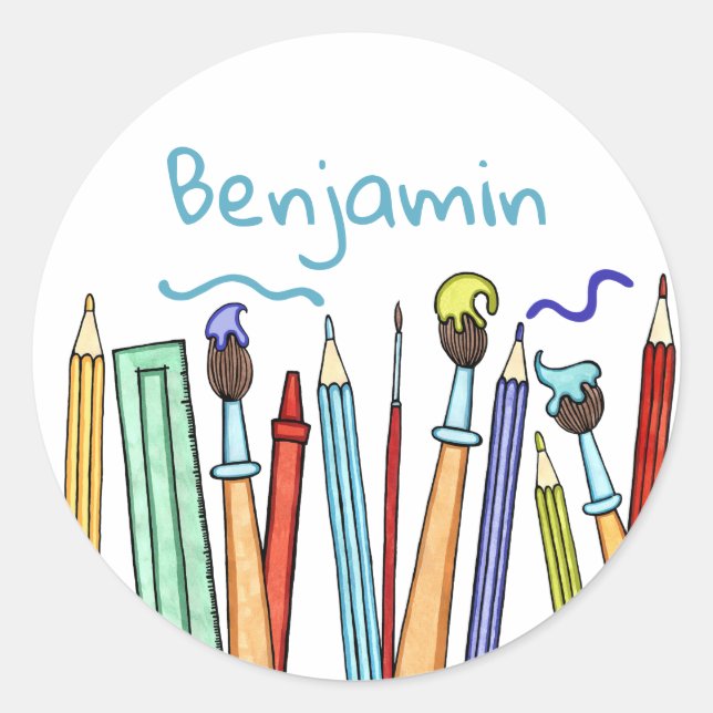 Personalised Pencils and Paintbrushes Classic Round Sticker (Front)