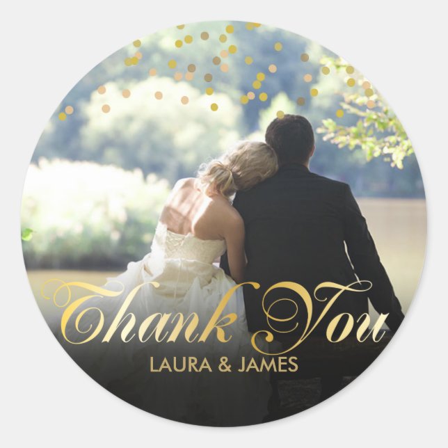 Personalised Photo Gold Confetti Script Thank You Classic Round Sticker (Front)
