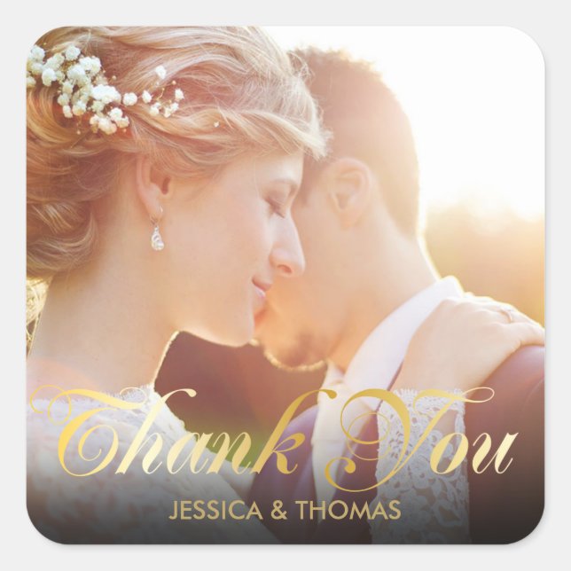Personalised Photo Gold Script Thank You Square Sticker (Front)