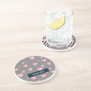 Personalised pink hearts and stripes coaster
