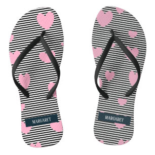 Personalised pink hearts and stripes flip flops