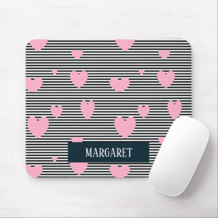 Personalised pink hearts and stripes mouse pad