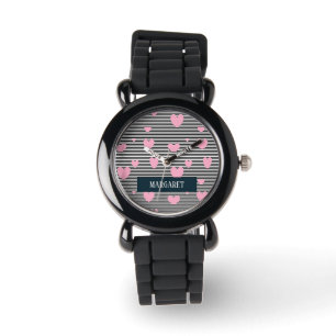 Personalised pink hearts and stripes watch