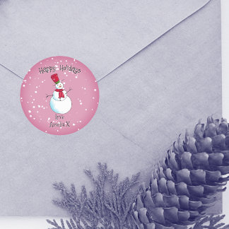 Personalised Pink Snowman Christmas Classic Round Sticker
