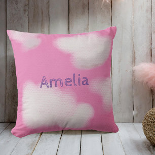 Personalised Pink & White fluffy Clouds Throw Pillow