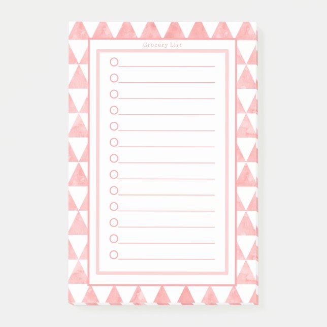 Personalised Pink & White Triangles Grocery List. Post-it Notes (Front)