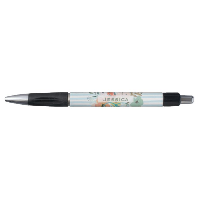 Personalised Pretty Watercolor Floral and Stripes Pen (Front)