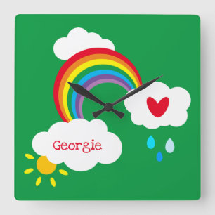 Personalised Rainbow, Clouds and Rain Square Wall Clock