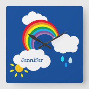 Personalised Rainbow, Clouds and Rain Square Wall Clock