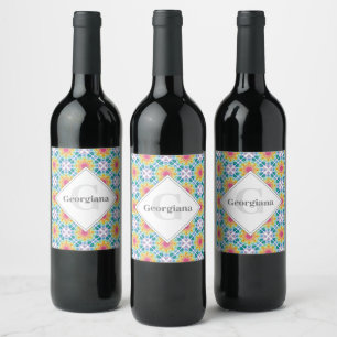 Personalised Rainbow Floral Mandala Diamond Tile Wine Label