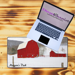 Personalised Red Barns in Snowy Farm Scene Desk Mat