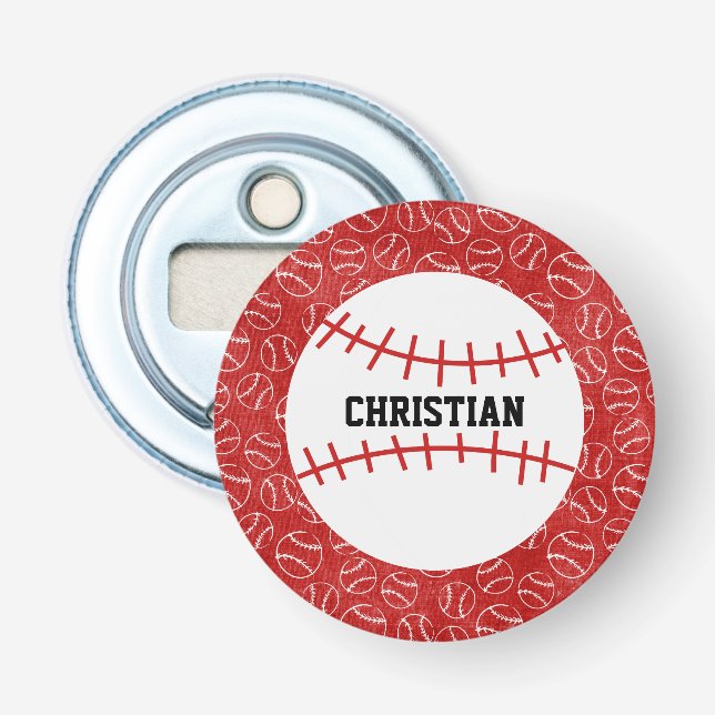 Personalised Red Baseball Pattern with Baseball Bottle Opener (Front)