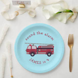 Personalised Red Fire truck Party Paper Plate