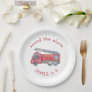 Personalised Red Fire truck Party Paper Plate