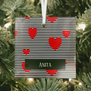 Personalised red hearts and stripes glass ornament