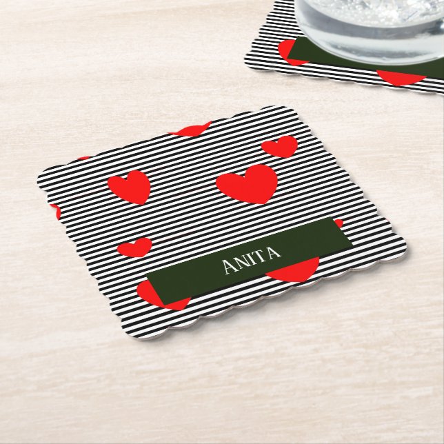 Personalised red hearts and stripes paper coaster (Angled)