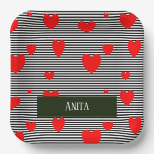 Personalised red hearts and stripes paper plate