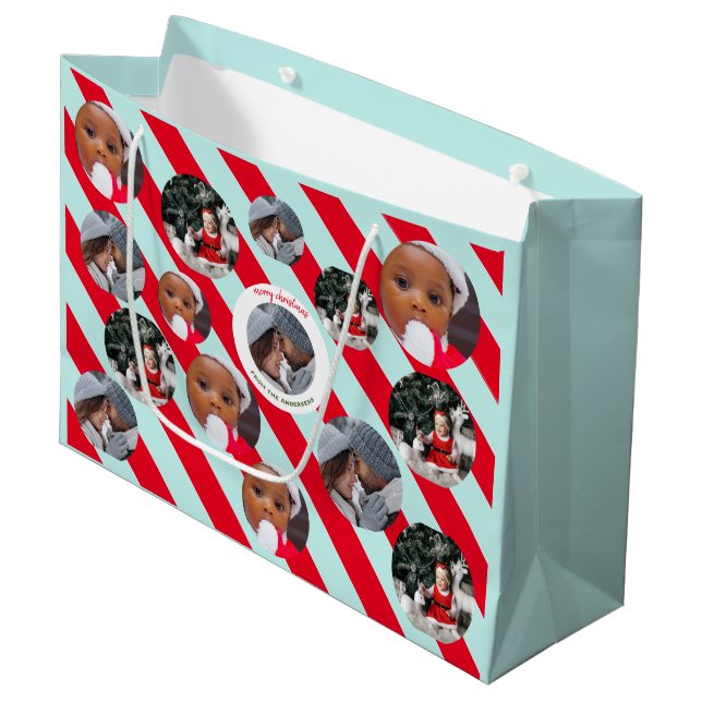 Personalised Red Stripe Fab Christmas Three Photo  Large Gift Bag (Front Angled)