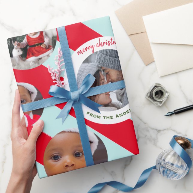 Personalised Red Stripe Fab Christmas Three Photo Wrapping Paper (Gifting)