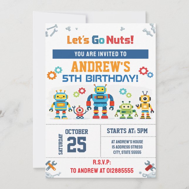 Personalised Robot Birthday Invitation (Front)