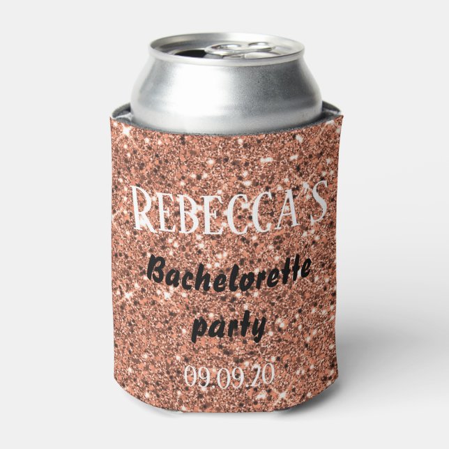 Personalised Rose Gold Glitter Bachelorette Party Can Cooler (Can Front)
