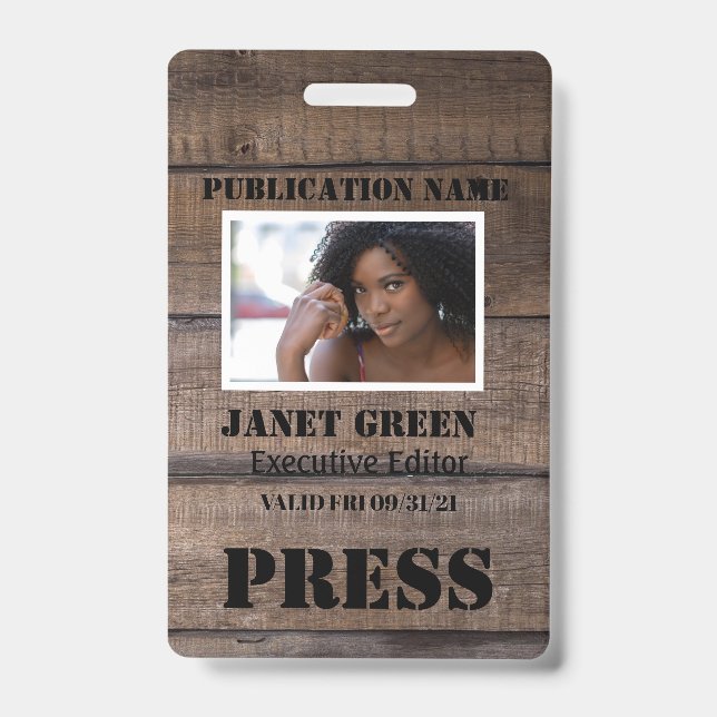 Personalised Rustic Photo Journalist Pass Press Badge (Front)