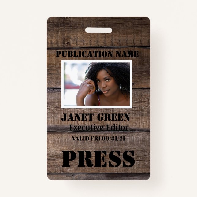 Personalised Rustic Photo Journalist Pass Press Badge (Front)