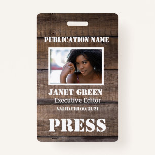 Personalised Rustic Photo Journalist  Press Pass Badge
