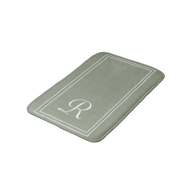 Personalised Sage Green White Striped Monogram  Bath Mat (Angled)