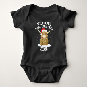 Personalised Scottish Highland Cow First Christmas Baby Bodysuit