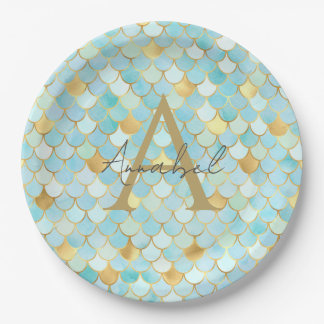 Personalised sky blue and Gold Mermaid Scales Paper Plate