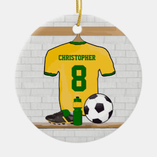 Personalised soccer jersey yellow green ceramic ornament