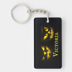 Personalised spooky yellow pumpkin face keychain