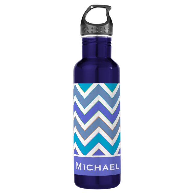 Personalised Sporty Blue Chevron Pattern 710 Ml Water Bottle (Front)