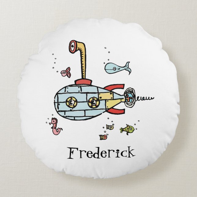 Personalised Submarine Red Back with Spots Round Pillow (Front)