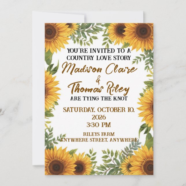 Personalised Sunflower Wedding Invitation | Rustic (Devant)