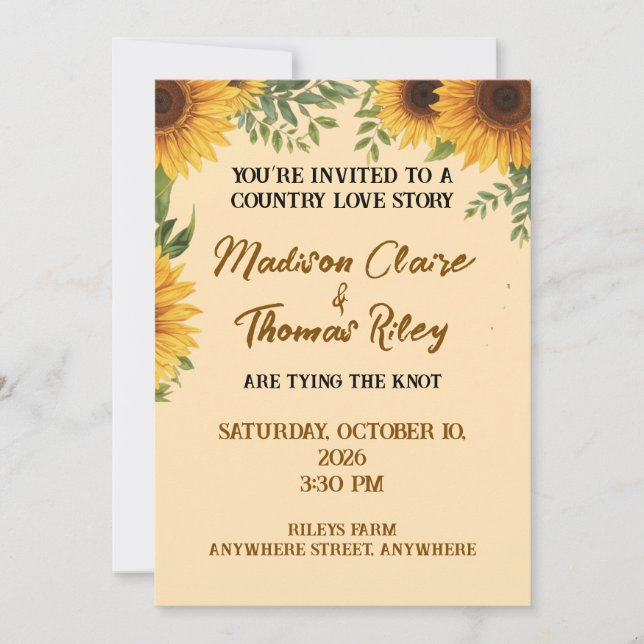 Personalised Sunflower Wedding Invitation | Rustic (Devant)