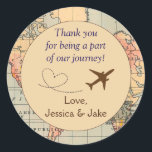 Personalised Thank You Stickers- Wedding Favours Classic Round Sticker<br><div class="desc">These stickers, designed by Aesthetic Journeys, feature a map background with an adorable airplane with heart graphic. They are perfect for the destination wedding or for the couple who loves to travel. Perfect addition to your save the dates, use on the envelope for a special touch. These stickers can be...</div>