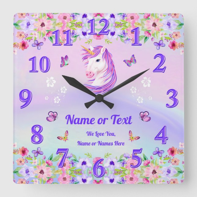 Personalised Unicorn Wall Clock for Girls, Unicorn (Front)