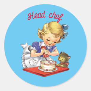 Personalised vintage girl baking a cake   classic round sticker