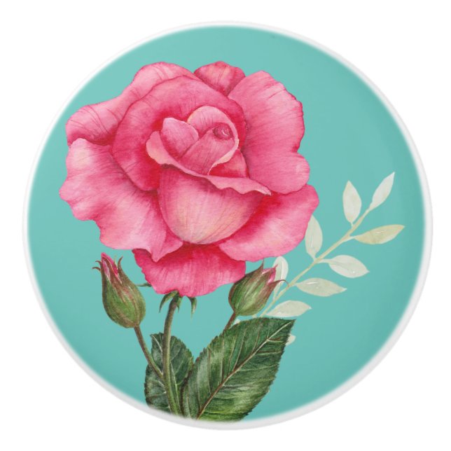 Personalised Watercolor Pink Rose Floral Turquoise Ceramic Knob (Front)