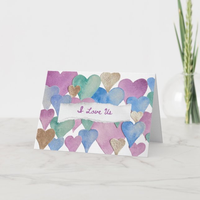 Personalised Watercolour Heart ‘I Love Us’ Card (Front)
