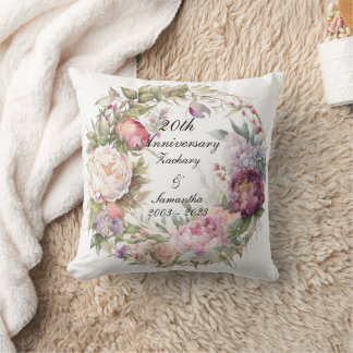 Personalised Wedding Anniversary Peony Wreath Throw Pillow