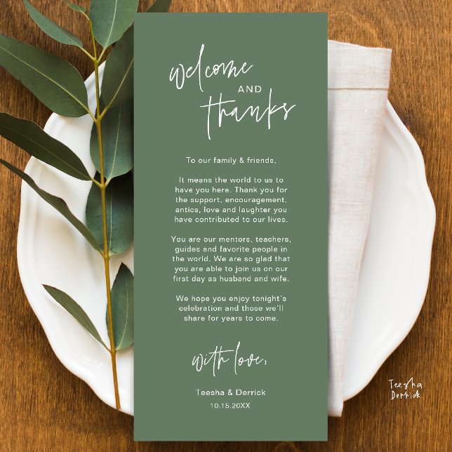 Personalised Wedding Place Setting Thank You Card (Personalised Wedding Dinner Place Setting Thank You Card in sage green)