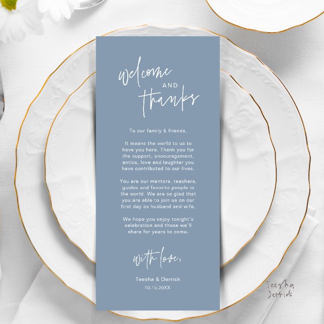 Personalised Wedding Place Setting Thank You Card (Personalised Wedding Dinner Place Setting Thank You Card in dusty blue)