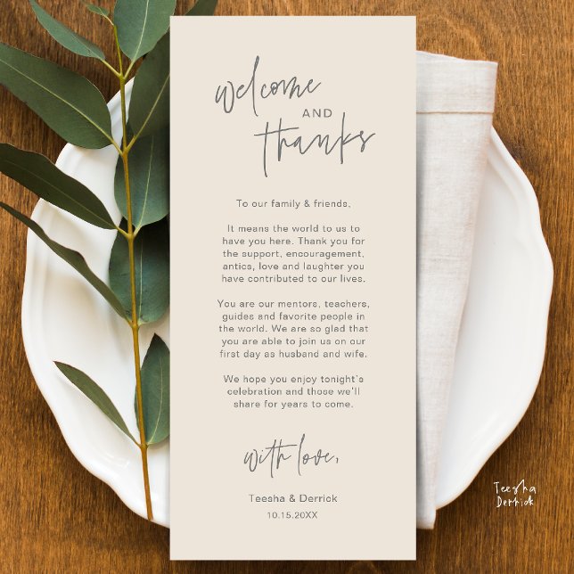 Personalised Wedding Place Setting Thank You Card (Personalised Wedding Dinner Place Setting Thank You Card in cream and grey)