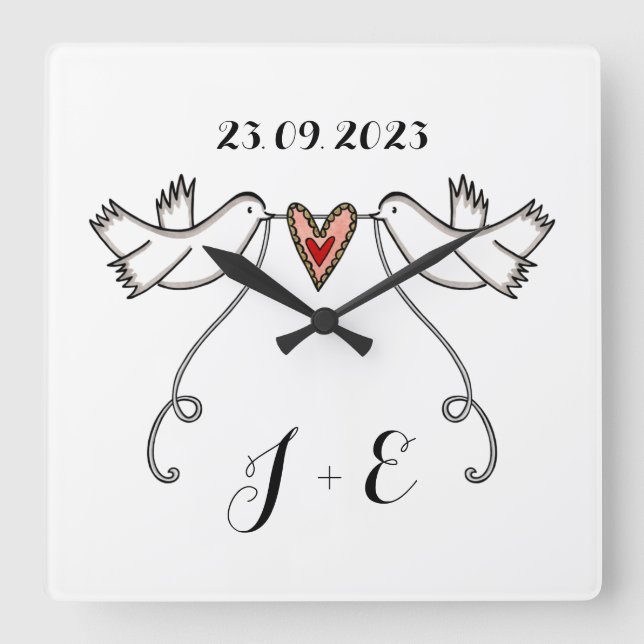 Personalised White Doves Wedding Gift Acrylic  Square Wall Clock (Front)